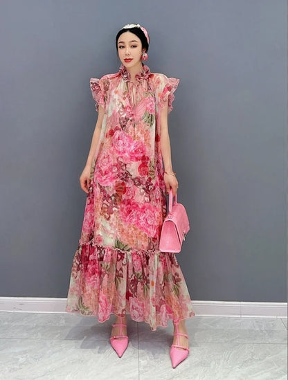 Art Pink Ruffled Print Patchwork Chiffon Two Piece Set Dresses Summer