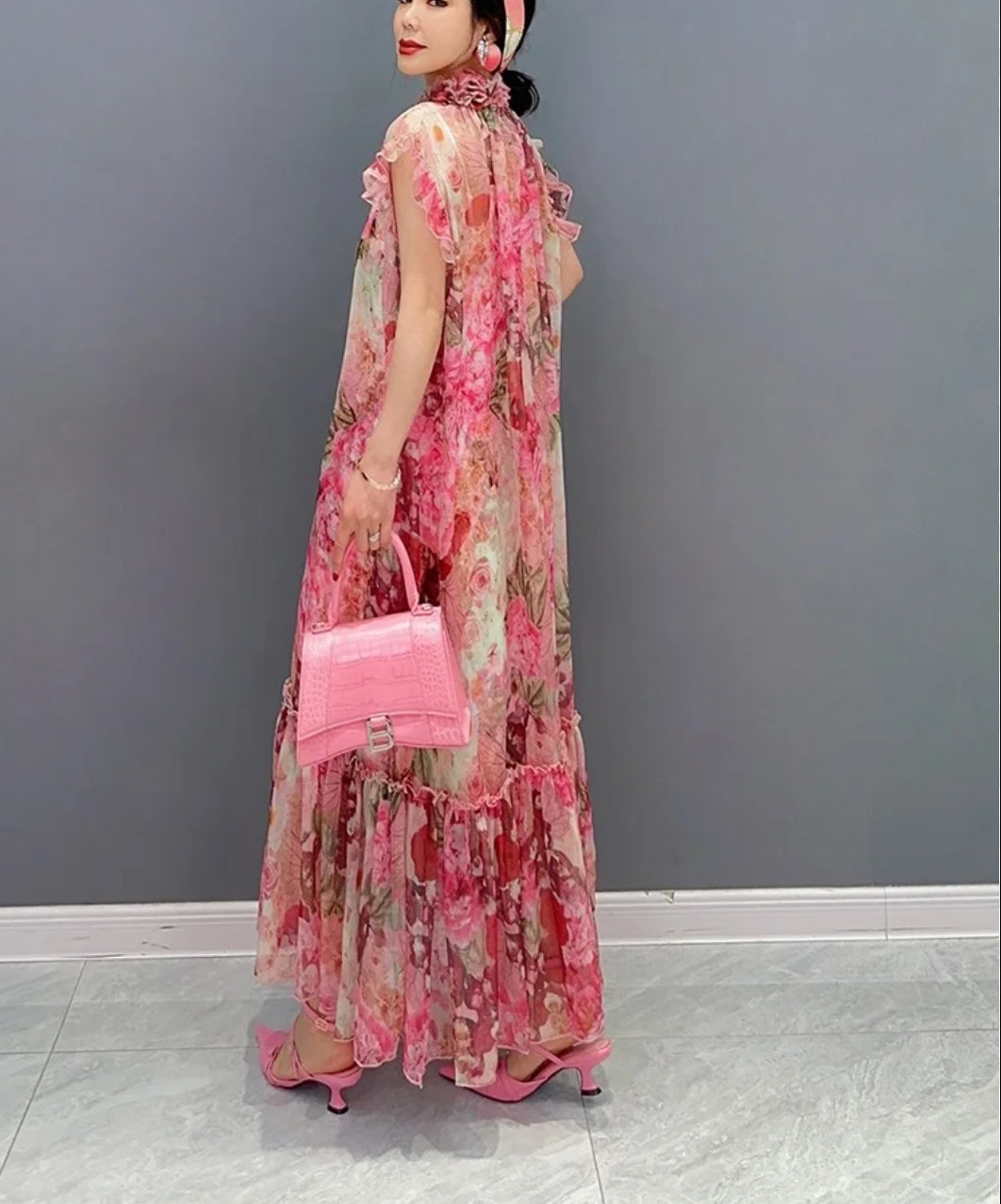 Art Pink Ruffled Print Patchwork Chiffon Two Piece Set Dresses Summer