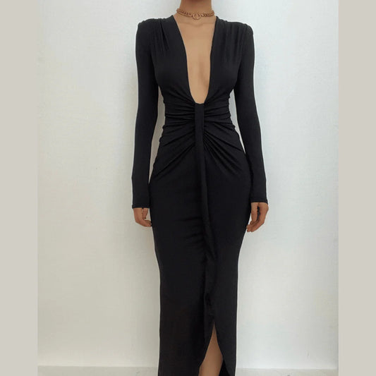 Long sleeve v neck solid ruched slit midi dress