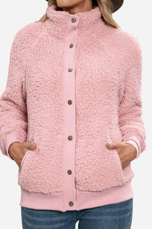 Cozy Long Sleeve Button Sherpa Jacket